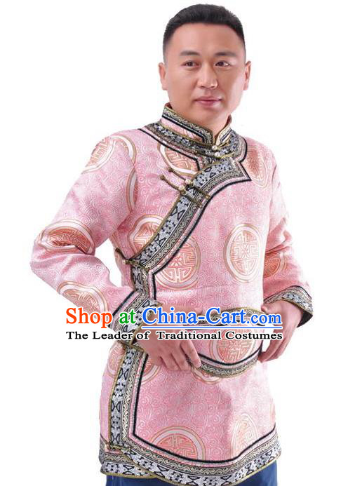 Chinese Mongol Nationality Costume Traditional Mongolian Royal Highness Pink Coat for Men