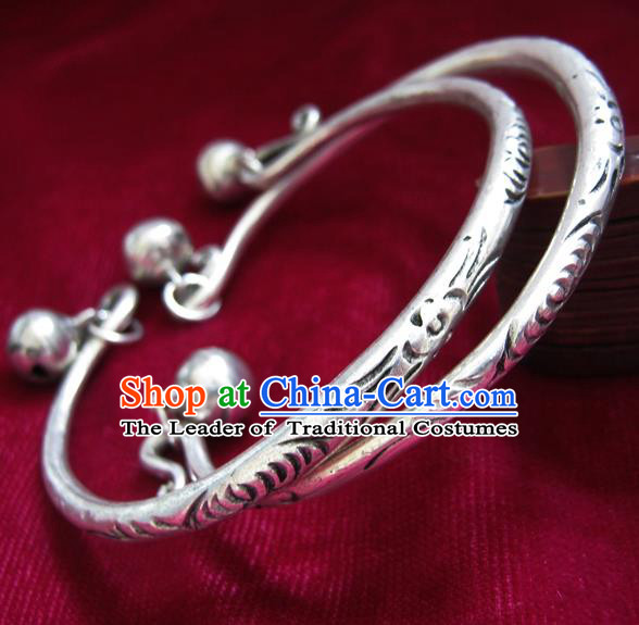 Chinese Miao Nationality Silver Ornaments Traditional Hmong Handmade Carving Bracelets for Women