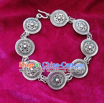 Chinese Miao Nationality Ornaments Traditional Hmong Handmade Filigree Sliver Bracelet for Women