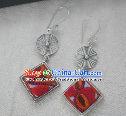 Chinese Handmade Miao Nationality Jewelry Accessories Sliver Red Embroidered Earbob Hmong Earrings for Women