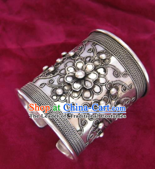 Chinese Miao Nationality Sliver Ornaments Traditional Hmong Handmade Wide Bracelet for Women