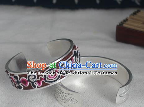 Chinese Miao Nationality Ornaments Sliver Bracelet Traditional Hmong Embroidered Bangle for Women
