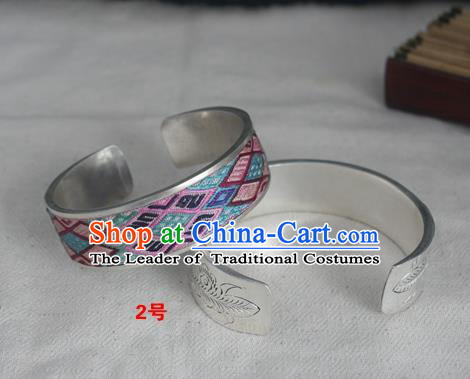 Chinese Miao Nationality Ornaments Sliver Bracelet Traditional Hmong Embroidered Blue Bangle for Women