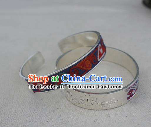 Chinese Miao Sliver Ornaments Embroidered Bracelet Traditional Hmong Handmade Sliver Bangle for Women