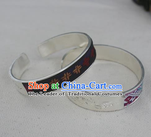 Chinese Miao Sliver Ornaments Embroidered Black Bracelet Traditional Hmong Handmade Sliver Bangle for Women
