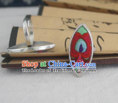 Chinese Traditional Miao Sliver Willow Leaf Ring Traditional Hmong Embroidered Rings for Women