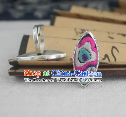 Chinese Traditional Miao Sliver Embroidered Willow Leaf Ring Traditional Hmong Rings for Women