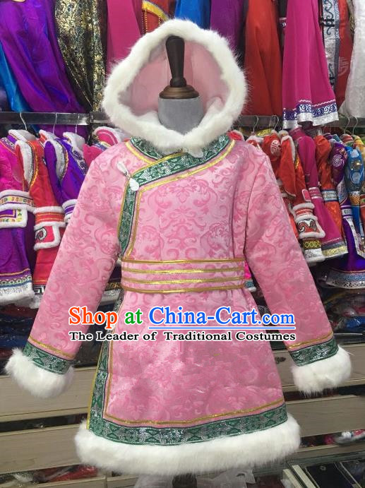 Chinese Traditional Mongol Nationality Girls Pink Mongolian Robe, China Mongolian Minority Folk Dance Ethnic Costume for Kids