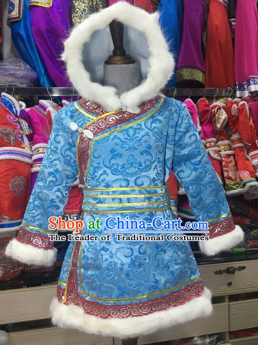 Chinese Traditional Mongol Nationality Girls Blue Mongolian Robe, China Mongolian Minority Folk Dance Ethnic Costume for Kids