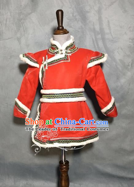 Chinese Traditional Mongol Nationality Boys Red Mongolian Robe, China Mongolian Minority Folk Dance Ethnic Costume for Kids