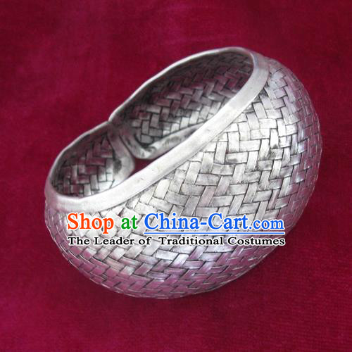 Handmade Chinese Miao Nationality Wide Bracelet Traditional Hmong Sliver Bangle for Women
