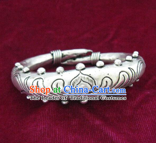 Handmade Chinese Miao Nationality Carving Lotus Bracelet Traditional Hmong Sliver Bangle for Women