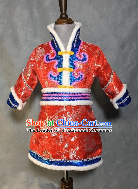 Chinese Traditional Mongol Nationality Red Mongolian Robe, China Mongolian Minority Folk Dance Ethnic Costume for Kids