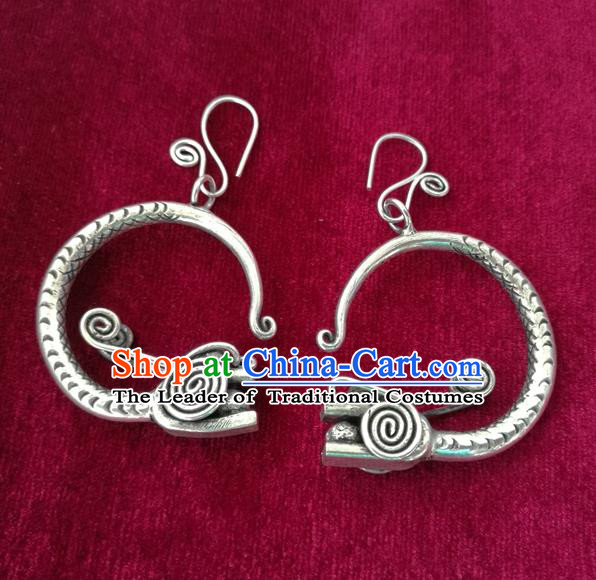 Chinese Miao Sliver Traditional Dragon Head Earrings Hmong Ornaments Minority Headwear for Women