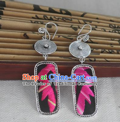 Chinese Miao Sliver Traditional Embroidered Black Earrings Hmong Ornaments Minority Headwear for Women