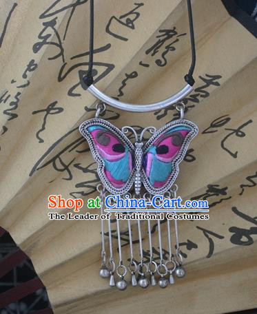 Chinese Miao Sliver Traditional Embroidered Butterfly Necklace Hmong Ornaments Minority Headwear for Women