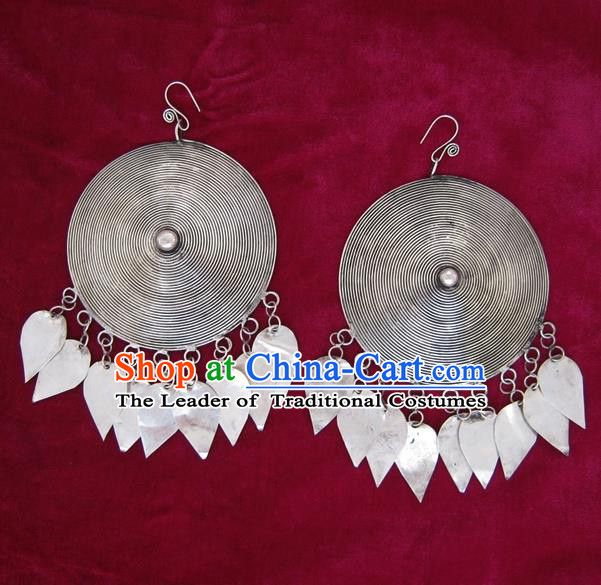 Traditional Chinese Miao Sliver Eardrop Ornaments Hmong Sliver Earrings for Women