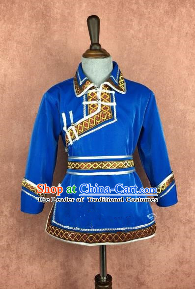 Chinese Traditional Mongol Nationality Royalblue Clothing, China Mongolian Minority Folk Dance Ethnic Costume for Kids