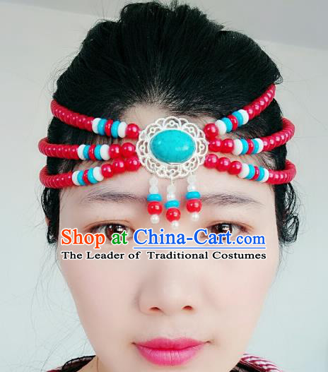 Chinese Traditional Mongol Stage Performance Tassel Hair Accessories, Mongolian Folk Dance Red Beads Hair Clasp Headwear for Women