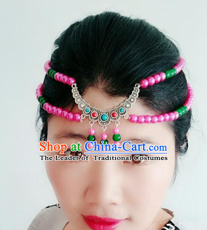 Chinese Traditional Mongol Stage Performance Pink Beads Tassel Hair Accessories, Mongolian Folk Dance Hair Clasp Headwear for Women