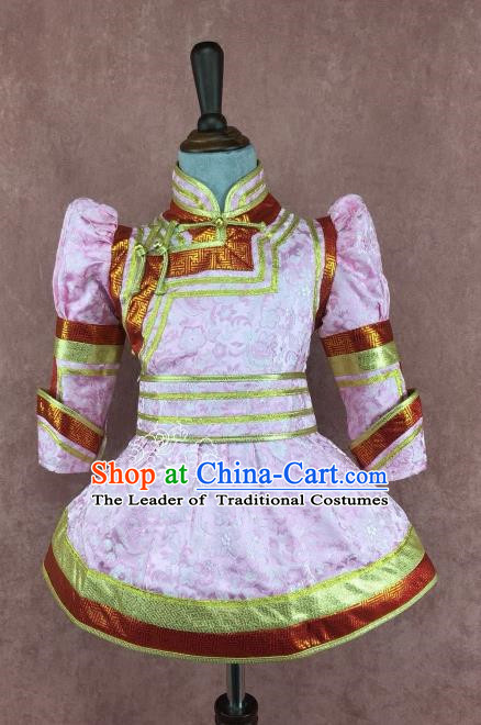 Chinese Traditional Mongol Nationality Pink Clothing, China Mongolian Minority Folk Dance Ethnic Costume for Kids