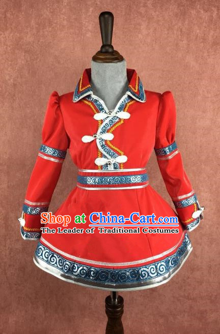 Chinese Traditional Girls Red Mongolian Robe Ethnic Costume, China Mongolian Minority Folk Dance Clothing for Kids
