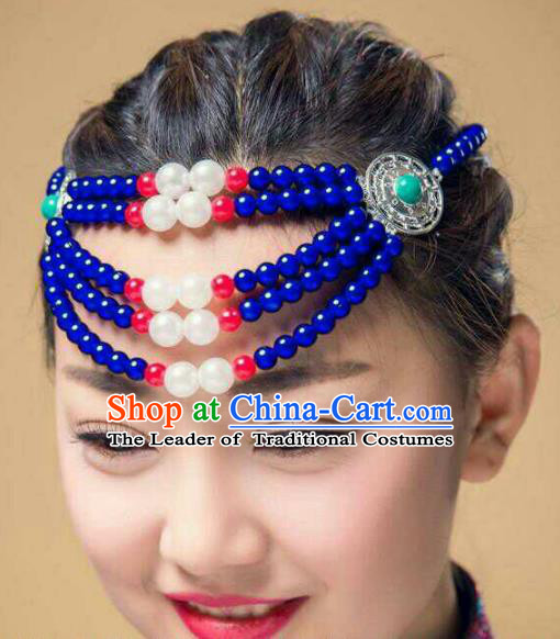 Chinese Traditional Mongol Stage Performance Hair Accessories, Mongolian Folk Dance Blue Beads Headwear for Women