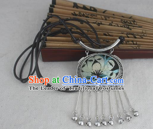 Chinese Miao Sliver Traditional Embroidered Necklace Hmong Ornaments Minority Bells Tassel Longevity Lock for Women