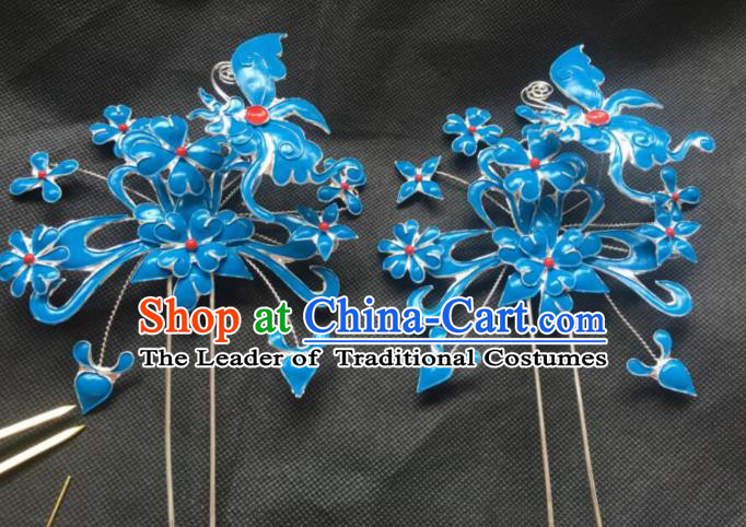 Traditional Chinese Miao Nationality Hanfu Blue Butterfly Flower Hairpins Hair Accessories for Women