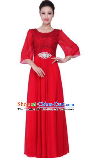 Top Grade Chorus Singing Group Red Lace Full Dress, Compere Stage Performance Modern Dance Costume for Women