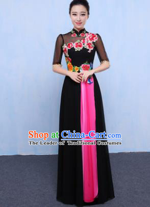Chinese Traditional Chorus Singing Group Embroidered Costume, Compere Classical Dance Black Dress for Women