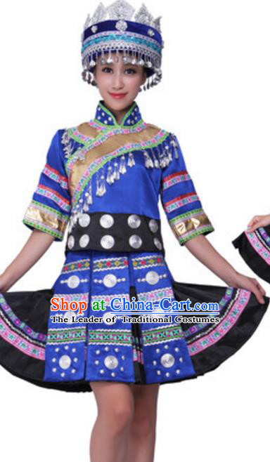 Traditional Chinese Miao Ethnic Dance Dress, China Hmong Minority Folk Dance Costume and Headwear for Women