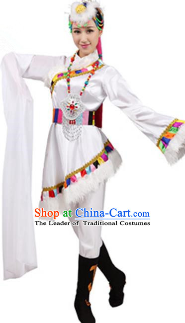 Traditional Chinese Zang Ethnic Dance White Dress, China Tibetan Minority Folk Dance Costume and Headwear for Women