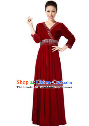 Traditional Chorus Singing Group Modern Dance Costume, Compere Classical Dance Red Velvet Dress for Women
