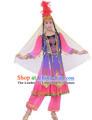 Traditional Chinese Uyghur Nationality Pink Dress, Uigurian Minority Folk Dance Ethnic Costume and Hat for Women