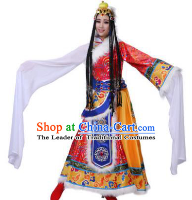 Traditional Chinese Zang Nationality Water Sleeve Dress, Tibetan Minority Folk Dance Ethnic Costume and Headpiece for Women
