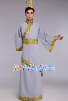 Traditional Chinese Ancient Scholar Costume Han Dynasty Minister Hanfu Grey Curving-front Robe for Men