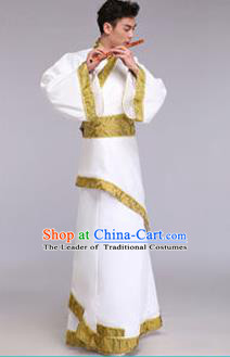 Traditional Chinese Ancient Scholar Costume Han Dynasty Minister Hanfu White Curving-front Robe for Men
