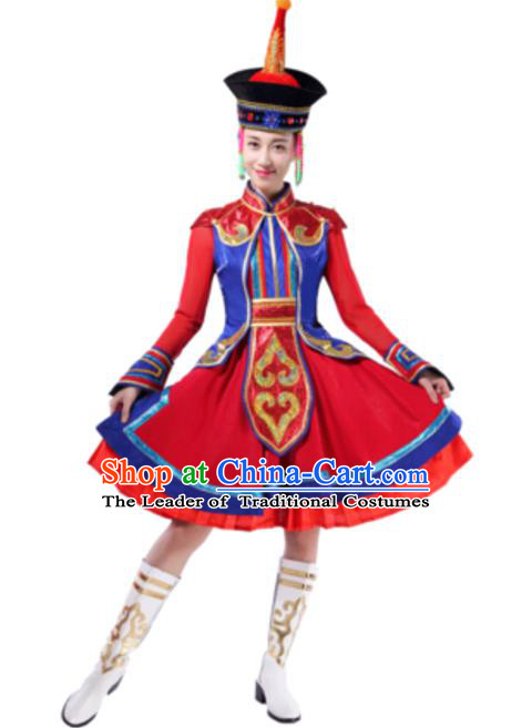 Traditional Chinese Mongol Nationality Red Dress, Mongolian Minority Folk Dance Ethnic Costume and Hat for Women