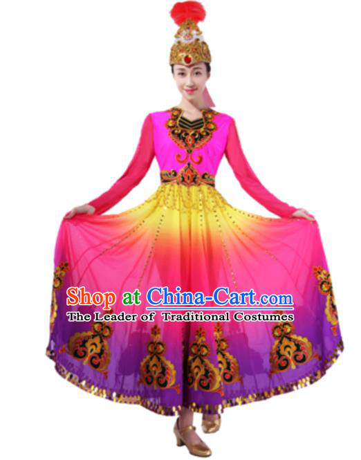 Traditional Chinese Uyghur Nationality Rosy Dress, Uigurian Minority Folk Dance Ethnic Costume and Hat for Women