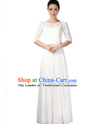 Professional Chorus Singing Group Stage Performance Costume, Compere Modern Dance White Lace Dress for Women