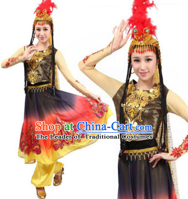 Traditional Chinese Uigurian Nationality Clothing, Uyghur Minority Folk Dance Ethnic Costume for Women