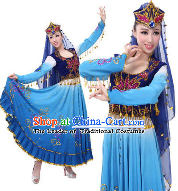 Traditional Chinese Uigurian Nationality Blue Clothing, Uyghur Minority Folk Dance Ethnic Costume and Hat for Women