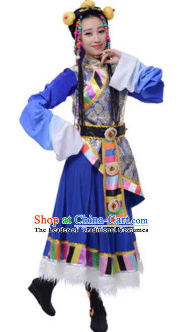 Traditional Chinese Mongolian Nationality Blue Dress, Mongol Minority Folk Dance Ethnic Costume and Headwear for Women