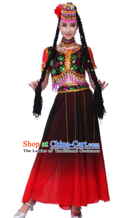Traditional Chinese Ethnic Dance Clothing, Uigurian Minority Folk Dance Costume and Headwear for Women