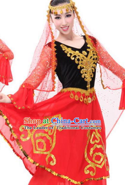 Traditional Chinese Uigurian Ethnic Dance Dress, China Uyghur Minority Folk Dance Costume and Headwear for Women