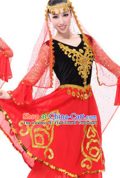 Traditional Chinese Uigurian Ethnic Dance Dress, China Uyghur Minority Folk Dance Costume and Headwear for Women