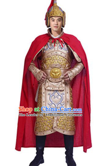 Traditional Chinese Ancient General Costume Historical Body Armor and Helmet Complete Set