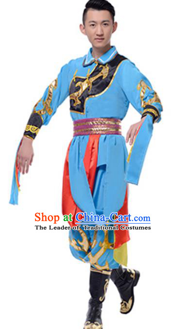 Traditional Chinese Mongolian Nationality Ethnic Clothing, China Mongols Minority Folk Dance Blue Costume for Men