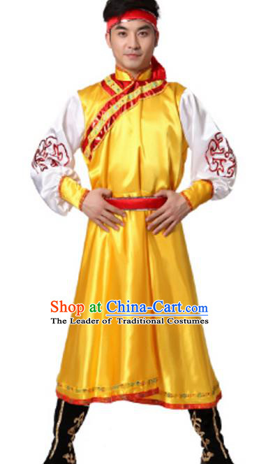 Traditional Chinese Mongolian Nationality Ethnic Clothing, China Mongols Minority Folk Dance Yellow Costume for Men